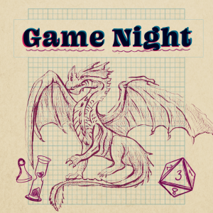 Purple sketches of game pieces and a dragon on blue grid graph paper