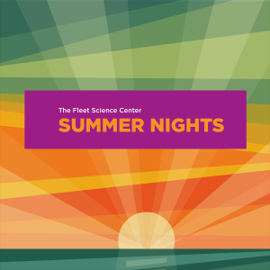 Multicolored line drawing of a sunset over water with orange words in a purple square that says Summer Nights.