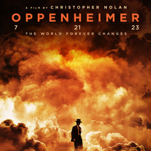 An orange toned image of a man in shadow in 1940s clothes standing in a billowing cloud with the title words Oppenheimer written on top in orange.