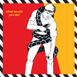 Graphic of a man wrestling a boa on yellow and red background