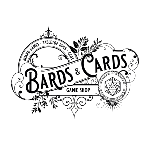 A black and white logo that says Bards & Cards Game Shop in a vintage flourish style with a 20 sided dice image in the bottom right of the logo