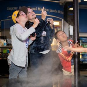 Two boys and a woman look on with interest at an indoor tornado machine 