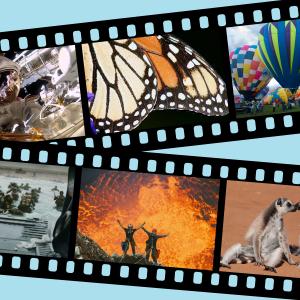 Black film strips on a light blue background. There are two film strips crossing each other. Each strip is at an angle and has a variety of unrelated images in each film strip square.