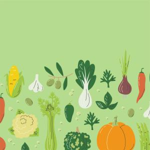 A light green background with illustrations of vegetables on the bottom half