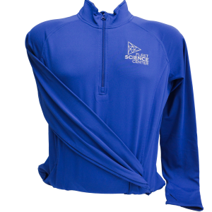 A bold primary blue fleece pullover with a high neck collar and the left arm wrapped around the front. The white fleet science center logo in on the front right breast area. 