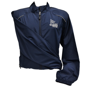 A dark blue waterproof thin jacket. The left arm is wrapped around the front and there is a white fleet science center logo in the right breast pocket area. 