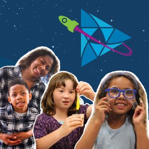 A dark blue graphic of the night sky with a icon of a rocket rounding a blue triangle in the sky. In the foreground are images of people outlined in white. They are a black woman holding a black boy a young white girl holding yellow slide over a beaker and a young hispanic girl holding clear filters up to her glasses