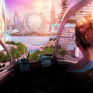 Cities of the Future. Image of a woman overlooking a futuristic city through the window of a futuristic vehicle.