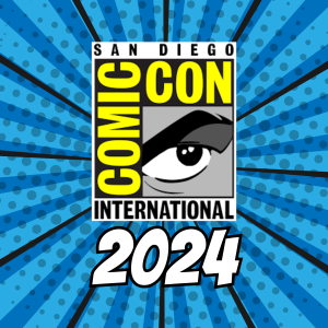 Comic-Con logo on a blue comic themed background