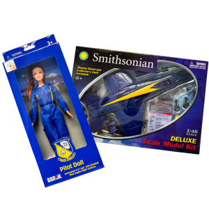 Image of the Blue Angels Pilot Doll and the Smithsonian build-your-own Blue Angel Jet toys. 