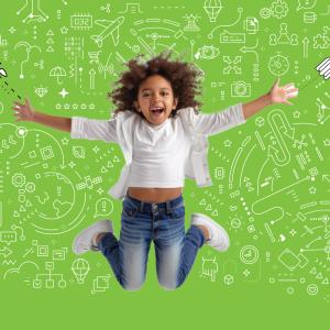 Curiosity Days Excited girl jumping on green background. Centered in the space while science icons surround her form.