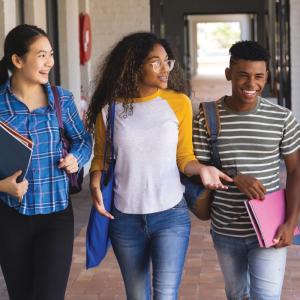 Two girls and two boys walking and talking happily. 