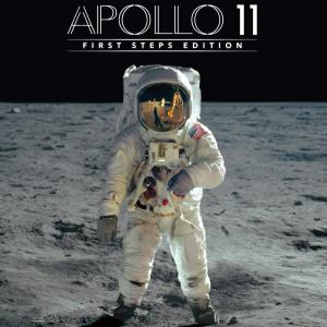 A space image with an astronaut with Apollo 11 lettering on a the black background.
