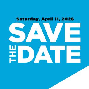 Save the Date lettering on a blue background and a white triangle on the right bottom side