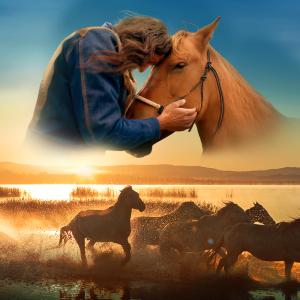 Horses galloping towards the right and a man embracing a horse.