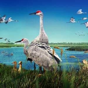 Two cranes on the edge of a lake while ducks are flying above.