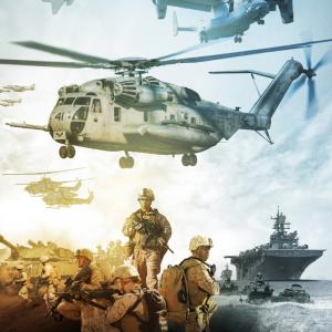 A photo montage of a hoovering helicopter, a naval vessel, and soldiers